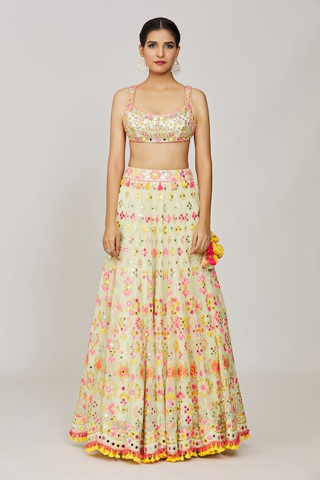 Buy_Gopi Vaid_Green Georgette, Tussar, Organza Mirrors, Reeva Mela Bridal Lehenga Set _Online_at_Aza_Fashions