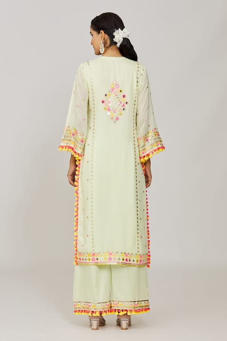 Gopi Vaid Green Viscose, Linen, Chiffon, Satin Tassels, Embroidery Mint Kurta Palazzo Set Online at Aza Fashions Gopi Vaid_Green Viscose, Linen, Chiffon, Satin Tassels, Embroidery Mint Kurta Palazzo Set _Online_at_Aza_Fashions