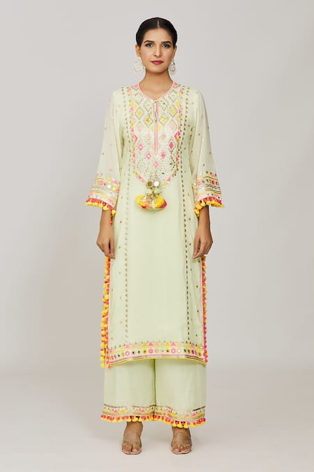 Buy Gopi Vaid Green Viscose, Linen, Chiffon, Satin Tassels, Embroidery Mint Kurta Palazzo Set Online at Aza Fashions Buy_Gopi Vaid_Green Viscose, Linen, Chiffon, Satin Tassels, Embroidery Mint Kurta Palazzo Set _Online_at_Aza_Fashions