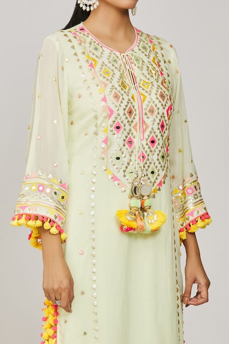Shop Gopi Vaid Green Viscose, Linen, Chiffon, Satin Tassels, Embroidery Mint Kurta Palazzo Set Online at Aza Fashions Shop_Gopi Vaid_Green Viscose, Linen, Chiffon, Satin Tassels, Embroidery Mint Kurta Palazzo Set _Online_at_Aza_Fashions