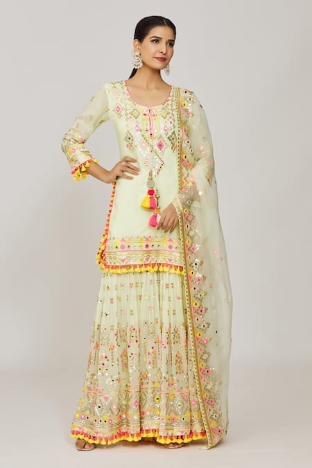 Gopi Vaid Green Kurta Viscose Embroidered Hand Friya Short Sharara Set  