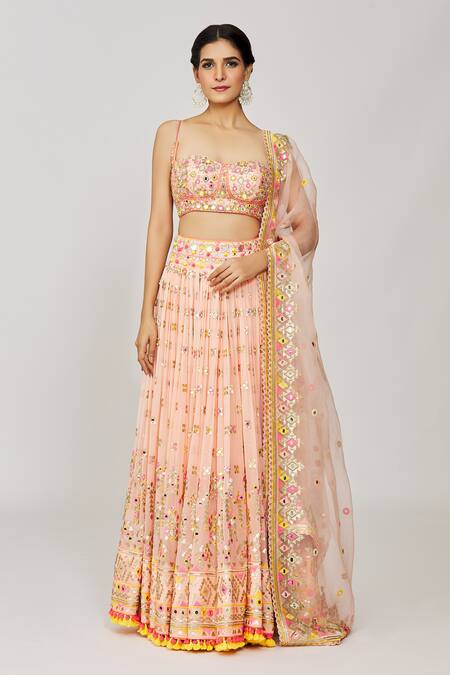 Gopi Vaid_Pink Georgette, Viscose, Organza Sequins, Mirrors, Nimrit Bridal Lehenga Set_at_Aza_Fashions