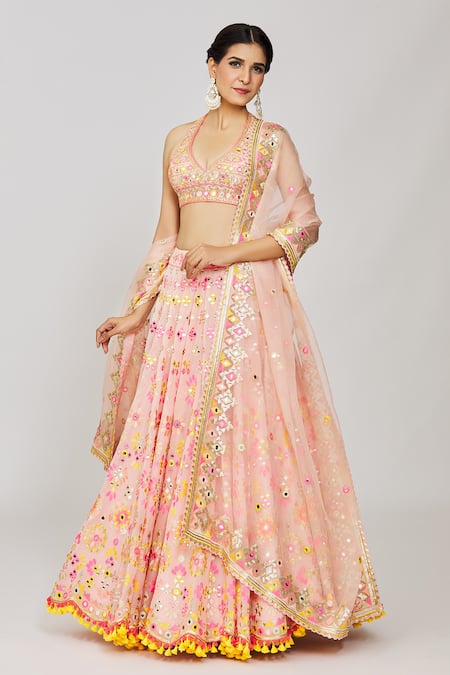 Gopi Vaid Pink Lehenga Georgette Embroidery Mirror Halter Neck Sana Mela Geometric Set 