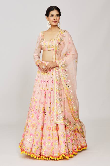 Gopi Vaid_Pink Viscose, Georgette, Organza Mirrors, Urvashi Mela Work Bridal Lehenga Set_at_Aza_Fashions