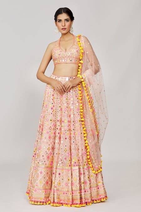 Gopi Vaid Pink Lehenga Georgette Embroidery Mirror Halter Neck Ojasvi Set 