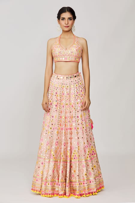 Shop_Gopi Vaid_Pink Georgette, Tussar, Organza Sequins, Mirrors, Ojasvi Lehenga Set _Online_at_Aza_Fashions