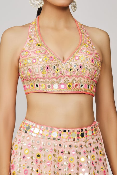 Gopi Vaid_Pink Georgette, Tussar, Organza Sequins, Mirrors, Ojasvi Lehenga Set _at_Aza_Fashions