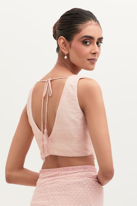 Mala And Kinnary Pink Silk, Tulle Beads V-neck Hand Embroidered Saree Set With Cape Online at Aza Fashions Mala And Kinnary_Pink Silk, Tulle Beads V-neck Hand Embroidered Saree Set With Cape_Online_at_Aza_Fashions