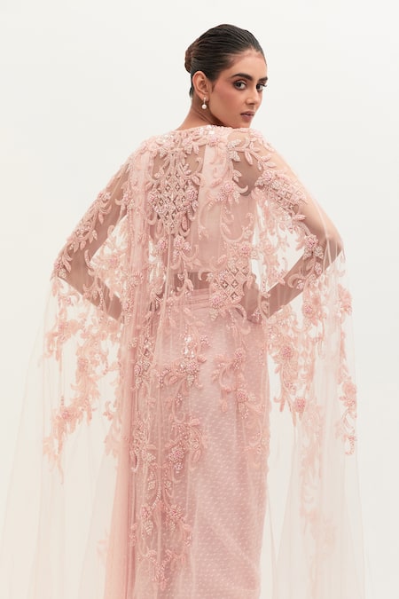 Buy Mala And Kinnary Pink Silk, Tulle Beads V-neck Hand Embroidered Saree Set With Cape Online at Aza Fashions Buy_Mala And Kinnary_Pink Silk, Tulle Beads V-neck Hand Embroidered Saree Set With Cape_Online_at_Aza_Fashions