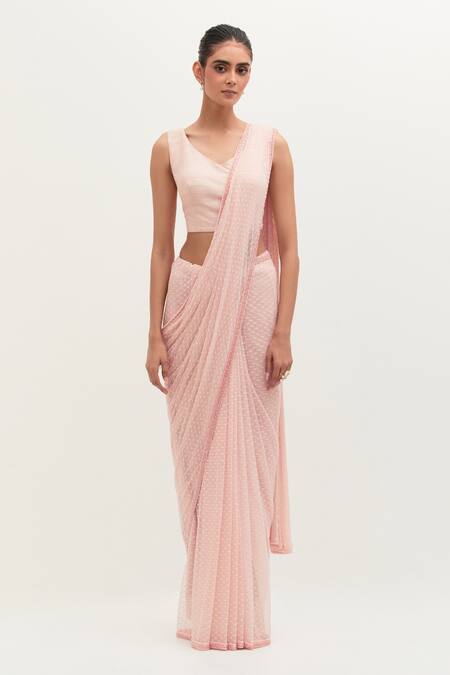 Shop Mala And Kinnary Pink Silk, Tulle Beads V-neck Hand Embroidered Saree Set With Cape Online at Aza Fashions Shop_Mala And Kinnary_Pink Silk, Tulle Beads V-neck Hand Embroidered Saree Set With Cape_Online_at_Aza_Fashions