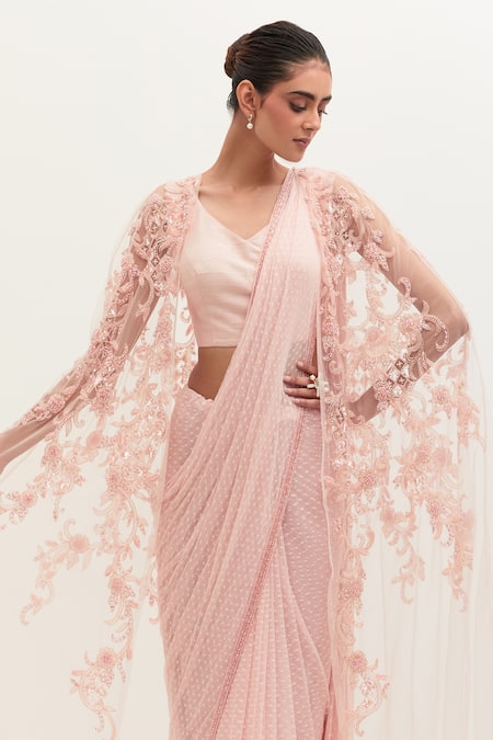 Mala And Kinnary Pink Silk, Tulle Beads V-neck Hand Embroidered Saree Set With Cape at Aza Fashions Mala And Kinnary_Pink Silk, Tulle Beads V-neck Hand Embroidered Saree Set With Cape_at_Aza_Fashions