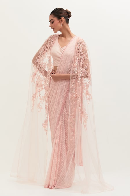 Buy Mala And Kinnary Pink Silk, Tulle Beads V-neck Hand Embroidered Saree Set With Cape Buy_Mala And Kinnary_Pink Silk, Tulle Beads V-neck Hand Embroidered Saree Set With Cape