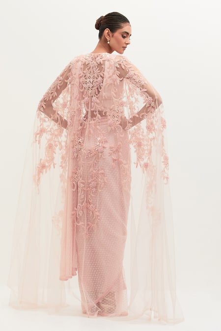 Shop Mala And Kinnary Pink Silk, Tulle Beads V-neck Hand Embroidered Saree Set With Cape at Aza Fashions Shop_Mala And Kinnary_Pink Silk, Tulle Beads V-neck Hand Embroidered Saree Set With Cape_at_Aza_Fashions