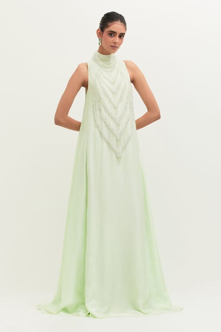 Mala And Kinnary_Green Habutai Silk Embroidered Pearls High Neck Gown _Online_at_Aza_Fashions