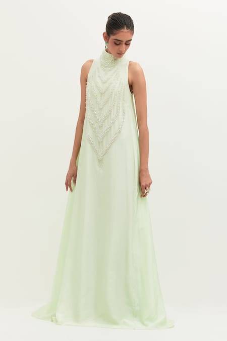 Buy_Mala And Kinnary_Green Habutai Silk Embroidered Pearls High Neck Gown _Online_at_Aza_Fashions