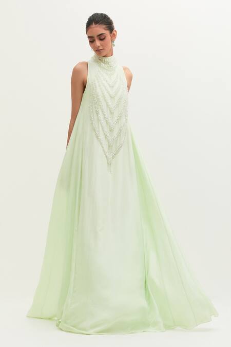 Shop_Mala And Kinnary_Green Habutai Silk Embroidered Pearls High Neck Gown _Online_at_Aza_Fashions