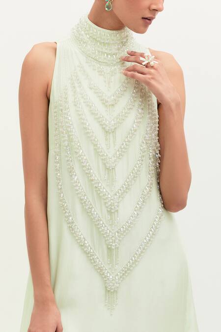 Mala And Kinnary_Green Habutai Silk Embroidered Pearls High Neck Gown _at_Aza_Fashions
