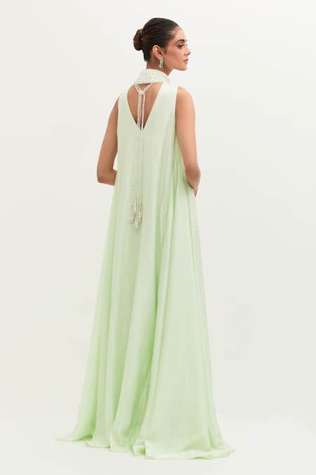 Shop_Mala And Kinnary_Green Habutai Silk Embroidered Pearls High Neck Gown _at_Aza_Fashions