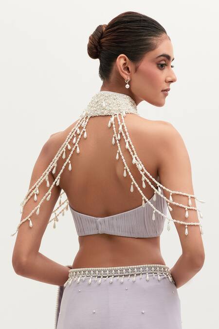 Mala And Kinnary Purple Georgette Pearls Sweetheart Shilpa Hem Embroidered Saree Set With Collar Online at Aza Fashions Mala And Kinnary_Purple Georgette Pearls Sweetheart Shilpa Hem Embroidered Saree Set With Collar_Online_at_Aza_Fashions