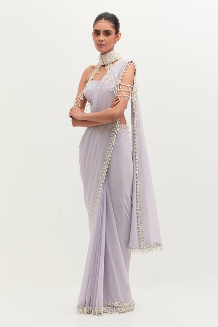 Buy Mala And Kinnary Purple Georgette Pearls Sweetheart Shilpa Hem Embroidered Saree Set With Collar Online at Aza Fashions Buy_Mala And Kinnary_Purple Georgette Pearls Sweetheart Shilpa Hem Embroidered Saree Set With Collar_Online_at_Aza_Fashions