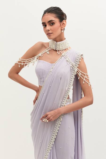 Shop Mala And Kinnary Purple Georgette Pearls Sweetheart Shilpa Hem Embroidered Saree Set With Collar Online at Aza Fashions Shop_Mala And Kinnary_Purple Georgette Pearls Sweetheart Shilpa Hem Embroidered Saree Set With Collar_Online_at_Aza_Fashions