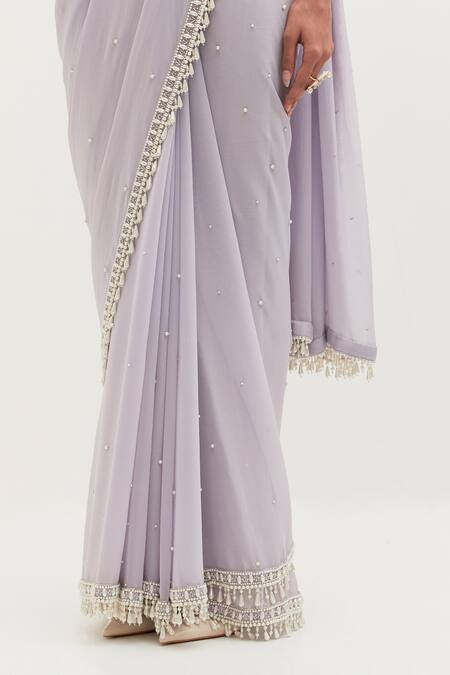 Mala And Kinnary Purple Georgette Pearls Sweetheart Shilpa Hem Embroidered Saree Set With Collar at Aza Fashions Mala And Kinnary_Purple Georgette Pearls Sweetheart Shilpa Hem Embroidered Saree Set With Collar_at_Aza_Fashions