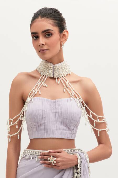 Buy Mala And Kinnary Purple Georgette Pearls Sweetheart Shilpa Hem Embroidered Saree Set With Collar Buy_Mala And Kinnary_Purple Georgette Pearls Sweetheart Shilpa Hem Embroidered Saree Set With Collar