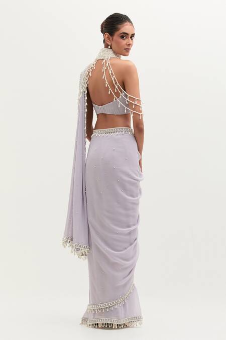 Shop Mala And Kinnary Purple Georgette Pearls Sweetheart Shilpa Hem Embroidered Saree Set With Collar at Aza Fashions Shop_Mala And Kinnary_Purple Georgette Pearls Sweetheart Shilpa Hem Embroidered Saree Set With Collar_at_Aza_Fashions