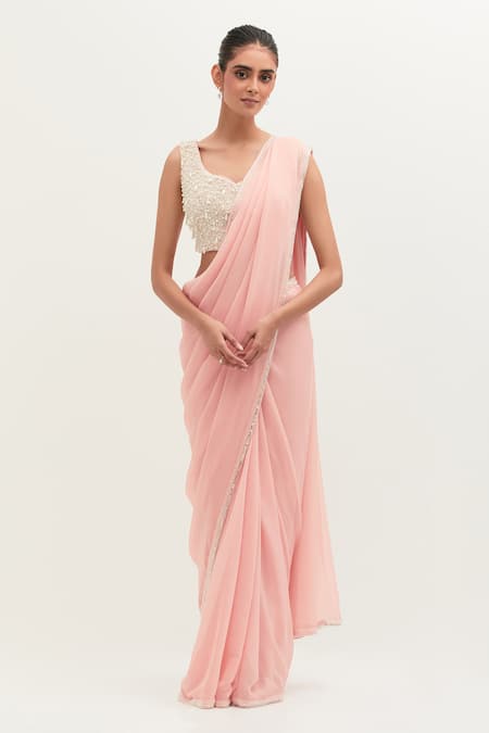 Mala And Kinnary_Pink Georgette, Net Sequins, Pearls, Crystals Embroidered Saree Set With Cape_Online_at_Aza_Fashions