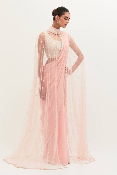 Buy_Mala And Kinnary_Pink Georgette, Net Sequins, Pearls, Crystals Embroidered Saree Set With Cape_Online_at_Aza_Fashions