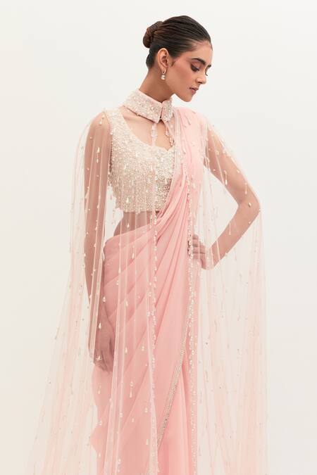 Shop_Mala And Kinnary_Pink Georgette, Net Sequins, Pearls, Crystals Embroidered Saree Set With Cape_Online_at_Aza_Fashions