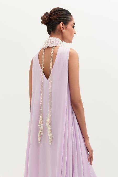 Mala And Kinnary Purple Georgette Pearls High Neck Embroidered Gown Online at Aza Fashions Mala And Kinnary_Purple Georgette Pearls High Neck Embroidered Gown_Online_at_Aza_Fashions
