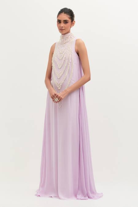Buy Mala And Kinnary Purple Georgette Pearls High Neck Embroidered Gown Online at Aza Fashions Buy_Mala And Kinnary_Purple Georgette Pearls High Neck Embroidered Gown_Online_at_Aza_Fashions
