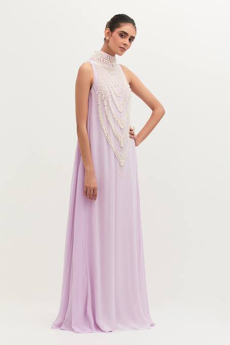 Shop Mala And Kinnary Purple Georgette Pearls High Neck Embroidered Gown Online at Aza Fashions Shop_Mala And Kinnary_Purple Georgette Pearls High Neck Embroidered Gown_Online_at_Aza_Fashions