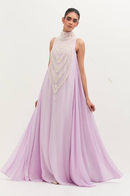 Buy Mala And Kinnary Purple Georgette Pearls High Neck Embroidered Gown Buy_Mala And Kinnary_Purple Georgette Pearls High Neck Embroidered Gown