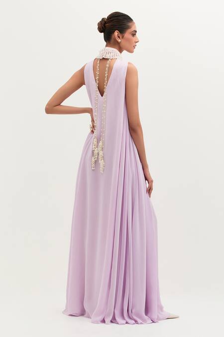 Shop Mala And Kinnary Purple Georgette Pearls High Neck Embroidered Gown at Aza Fashions Shop_Mala And Kinnary_Purple Georgette Pearls High Neck Embroidered Gown_at_Aza_Fashions