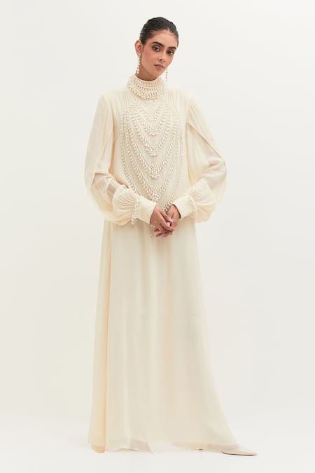 Mala and Kinnary Ivory Georgette Yoke Embroidered Puffed Sleeve Gown