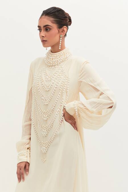 Mala And Kinnary Ivory Georgette Pearls High Neck Embroidered Gown Online at Aza Fashions Mala And Kinnary_Ivory Georgette Pearls High Neck Embroidered Gown_Online_at_Aza_Fashions