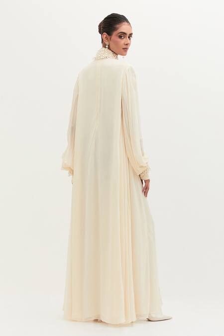 Shop Mala And Kinnary Ivory Georgette Pearls High Neck Embroidered Gown at Aza Fashions Shop_Mala And Kinnary_Ivory Georgette Pearls High Neck Embroidered Gown_at_Aza_Fashions