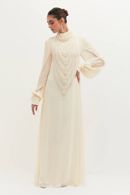 Shop Mala And Kinnary Ivory Georgette Pearls High Neck Embroidered Gown Online at Aza Fashions Shop_Mala And Kinnary_Ivory Georgette Pearls High Neck Embroidered Gown_Online_at_Aza_Fashions
