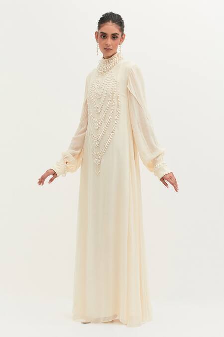 Mala And Kinnary Ivory Georgette Pearls High Neck Embroidered Gown at Aza Fashions Mala And Kinnary_Ivory Georgette Pearls High Neck Embroidered Gown_at_Aza_Fashions