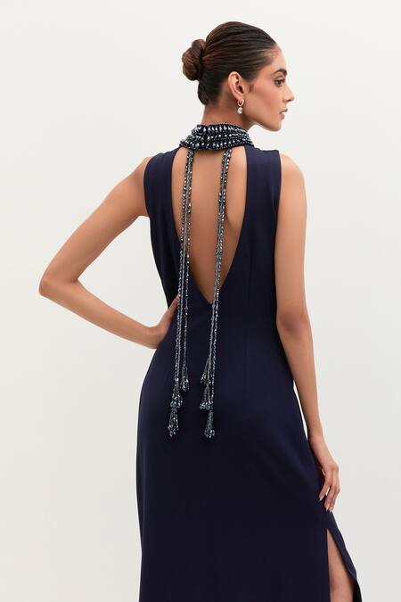 Mala And Kinnary Blue Georgette Pearls High Neck Navy Embroidered Gown Online at Aza Fashions Mala And Kinnary_Blue Georgette Pearls High Neck Navy Embroidered Gown_Online_at_Aza_Fashions
