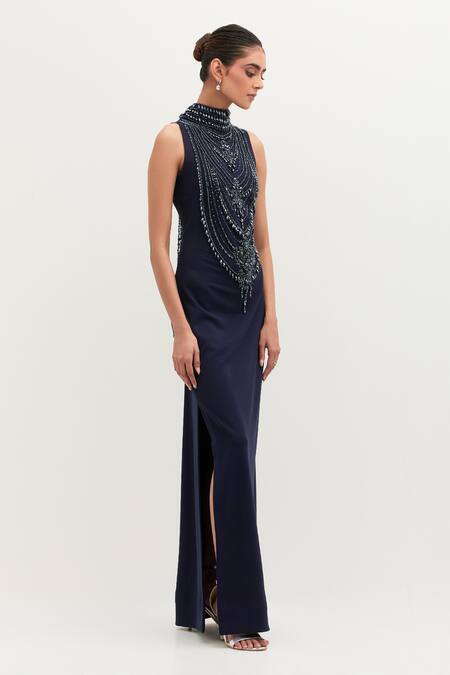 Buy Mala And Kinnary Blue Georgette Pearls High Neck Navy Embroidered Gown Online at Aza Fashions Buy_Mala And Kinnary_Blue Georgette Pearls High Neck Navy Embroidered Gown_Online_at_Aza_Fashions