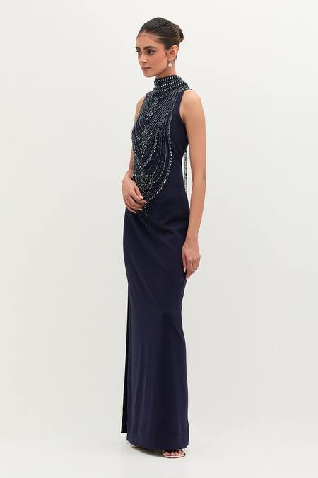 Shop Mala And Kinnary Blue Georgette Pearls High Neck Navy Embroidered Gown Online at Aza Fashions Shop_Mala And Kinnary_Blue Georgette Pearls High Neck Navy Embroidered Gown_Online_at_Aza_Fashions