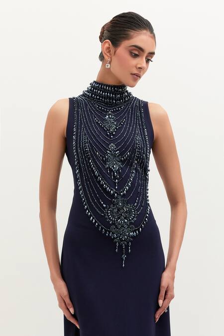 Mala And Kinnary Blue Georgette Pearls High Neck Navy Embroidered Gown at Aza Fashions Mala And Kinnary_Blue Georgette Pearls High Neck Navy Embroidered Gown_at_Aza_Fashions