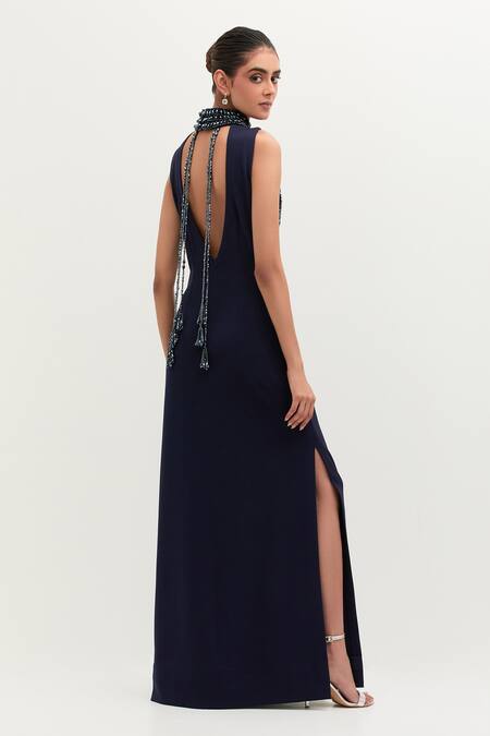 Shop Mala And Kinnary Blue Georgette Pearls High Neck Navy Embroidered Gown at Aza Fashions Shop_Mala And Kinnary_Blue Georgette Pearls High Neck Navy Embroidered Gown_at_Aza_Fashions