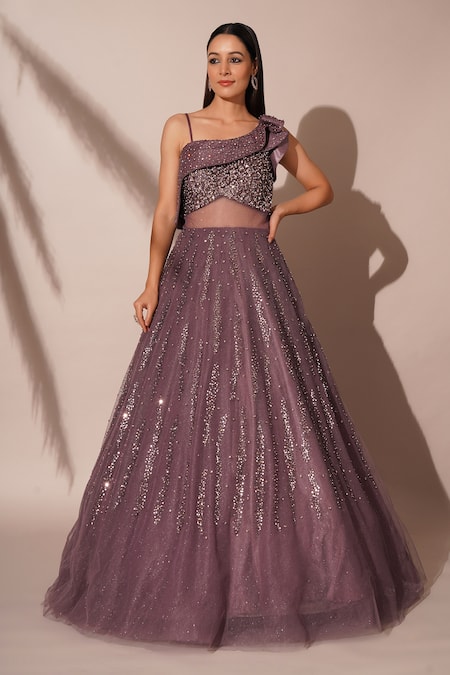 Buy Purple Net Embroidered Floral Round Gown For Women by Kalighata Online  at Aza Fashions.