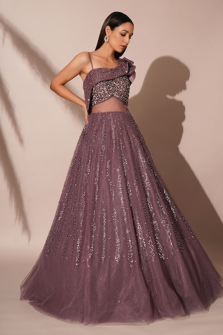 Chaashni By Maansi And Ketan Purple Net Sequins Asymmetric Jarkan Embroidered Gown Online at Aza Fashions Chaashni By Maansi And Ketan_Purple Net Sequins Asymmetric Jarkan Embroidered Gown_Online_at_Aza_Fashions