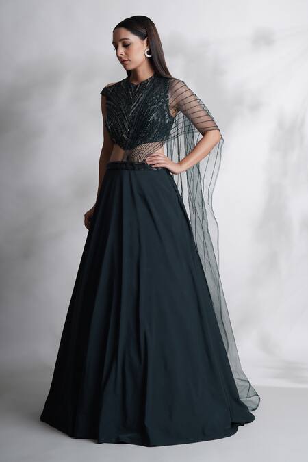 Plain Frill Pattern Black Lehenga With Traditional Thread Work Choli –  Vastra Shop