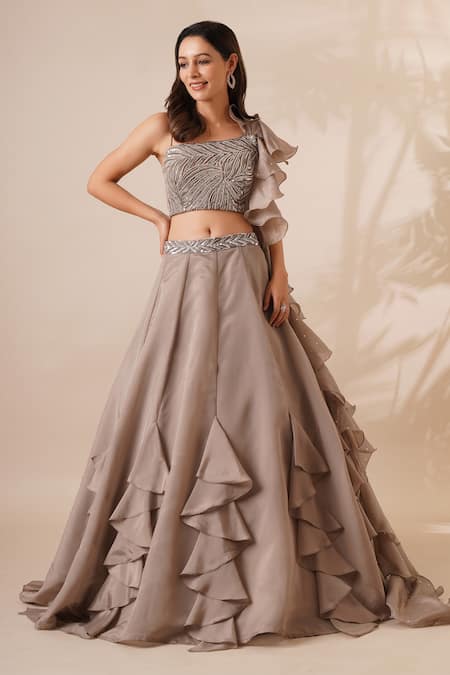 Chaashni by Maansi and Ketan Grey Organza Embroidery Sequins Ruffle Detail Lehenga With Draped Blouse 